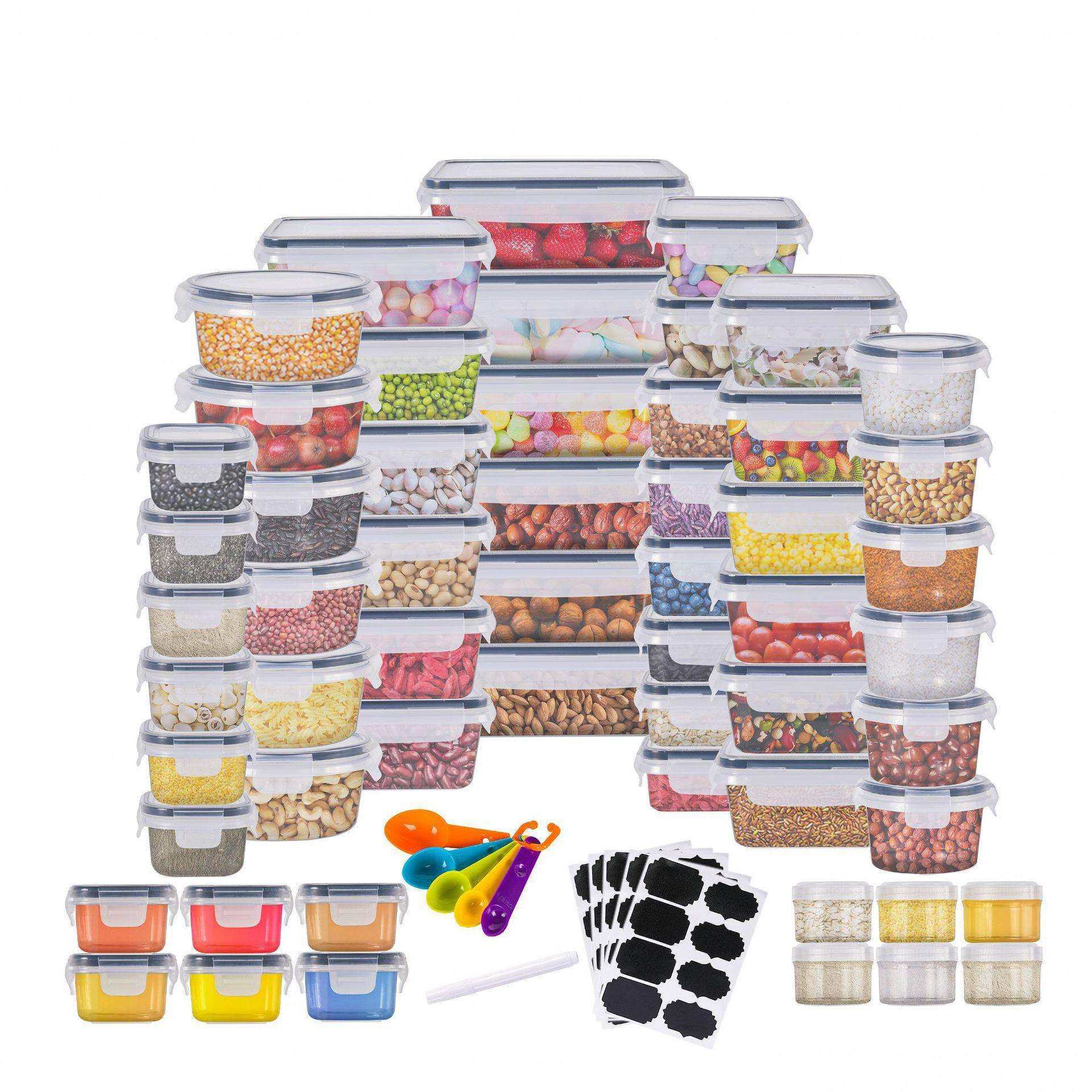 跨境56件套PP塑料大容量保鲜盒食品带盖透明容器可微波专用收纳盒