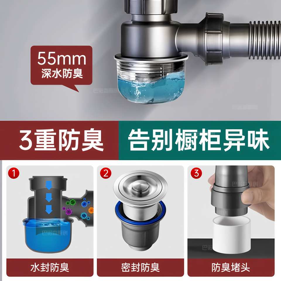 厨房后置下水管单槽双盆升级洗菜池排水管超省空间水槽防臭下水器