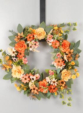 鸿禹40CM小野菊牡丹花环橘黄色丰收节门挂亚马逊装饰前门花环