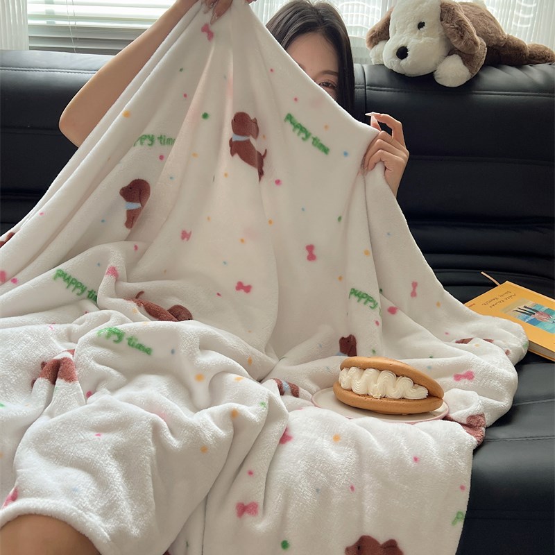 少女心卡通波点小狗毛p毯午休毯盖毯牛奶绒珊瑚绒毯子卧室沙发毯