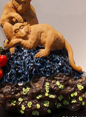 装饰品摆件和谐手工石和睦湾公仔家庭猴子陶瓷中式