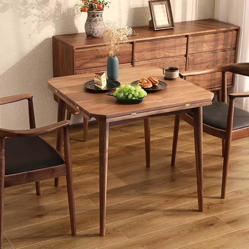 北欧实木餐桌黑胡桃木圆桌原木伸缩可折叠餐桌家用小W户型圆形饭