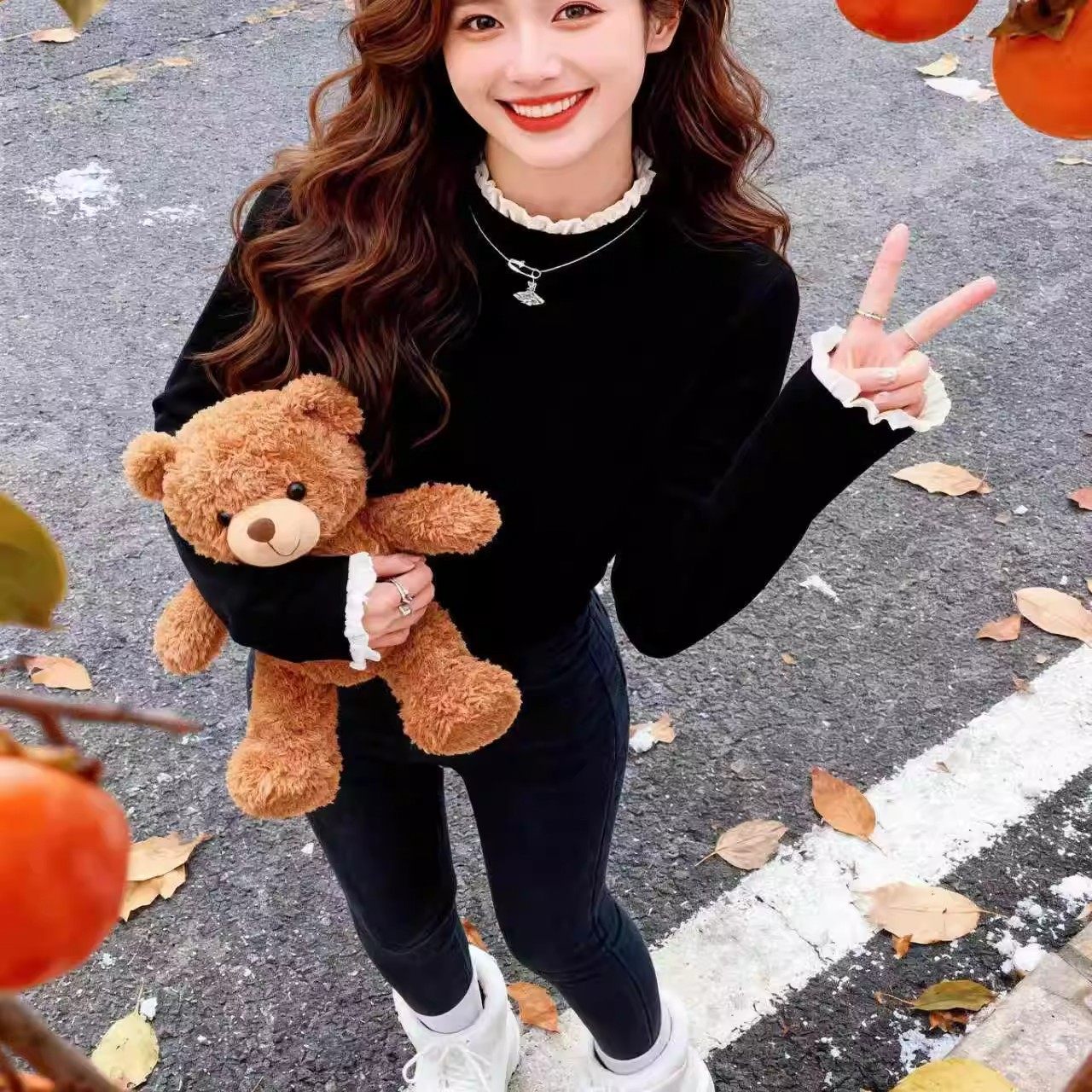 花边拼接半高领打底衫女秋冬双面磨毛修身设计感针织衫内搭yz