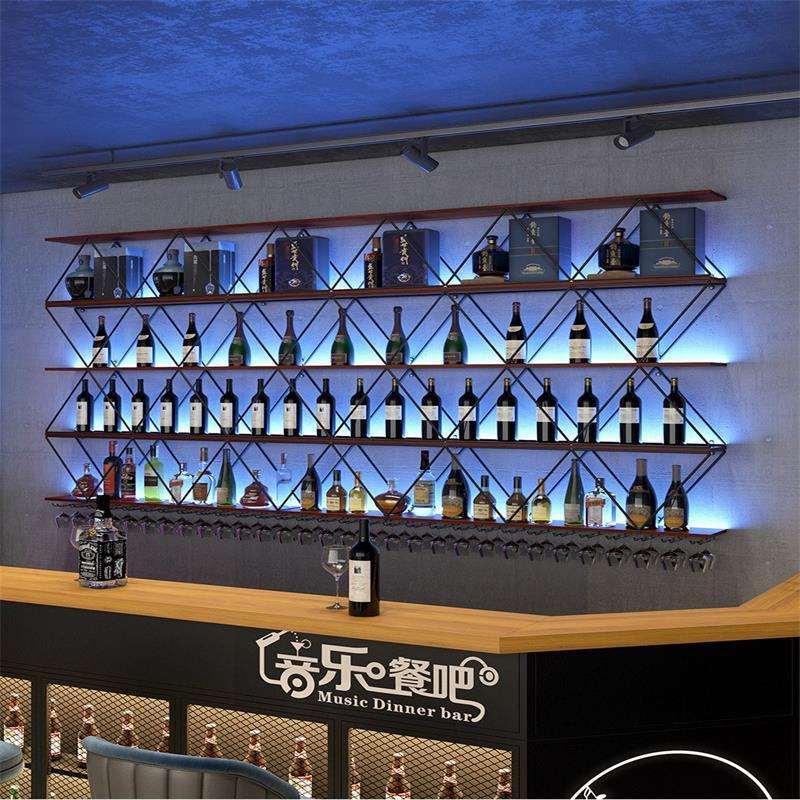网红酒吧餐厅隔断墙面柱子装饰红酒架酒吧台实木发光展示架