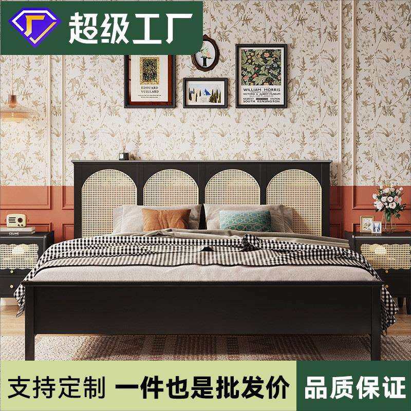 意式极简双人1.8米实木黑色床简约主卧实1米5床架子轻奢藤编床架