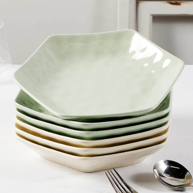 盘子菜盘家用六边形拼盘套装创意个性奶油风饭盘石纹盘可微波使用