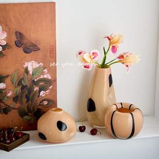 北欧中古琉c璃玻璃花瓶客厅复古插花桌面装 饰品轻奢高级感花瓶摆