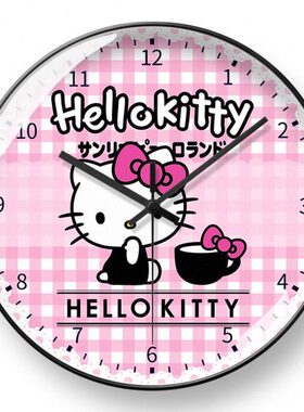 粉色女生可爱kt猫石英钟卡通童趣凯蒂猫儿童房挂钟好看自动对时画