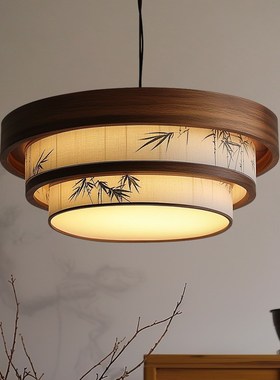 宋代美学圆形胡桃木彩绘竹叶v山水风情客厅吊灯餐厅卧室茶室包厢
