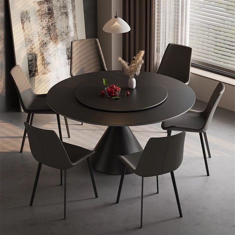 意式极简小户型家用现代简约圆桌法式复J古圆形纯白岩板餐桌椅客