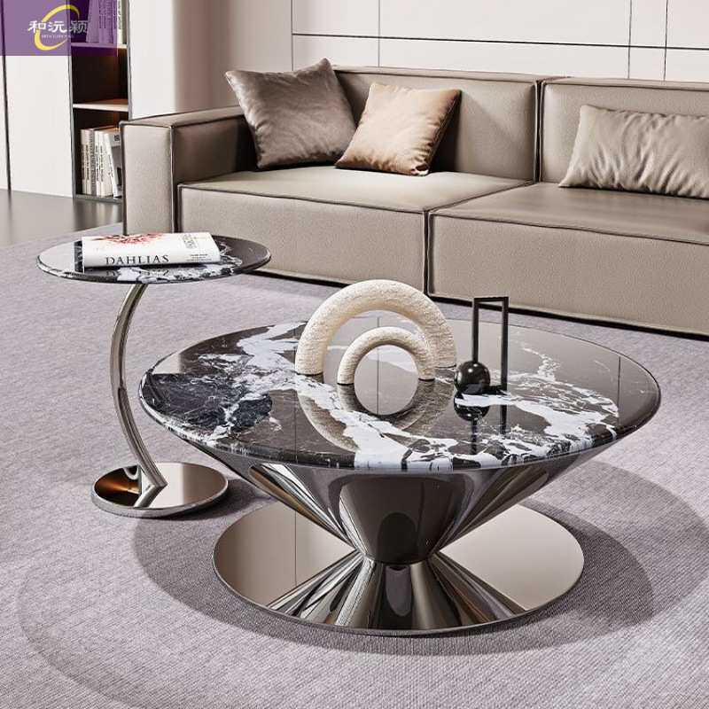 现代意式茶几轻奢不锈钢岩板微晶石飞碟悬浮圆形客厅家用茶几