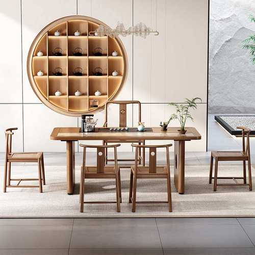 简约茶桌办公室大板泡茶桌岩板智能家用一整套桌椅中式白蜡木茶桌