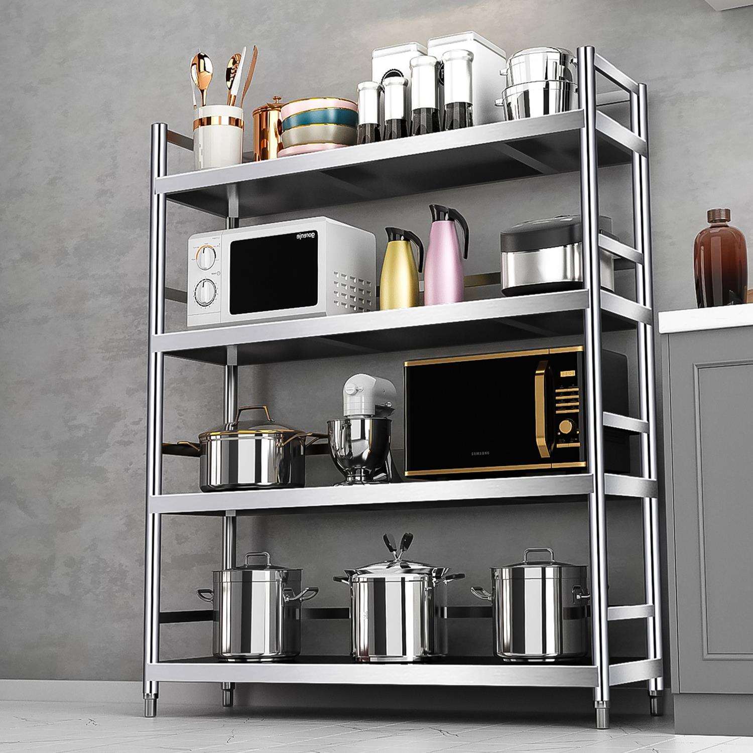 厨房置物架不锈钢多功能置物架落地多层调味瓶电器放锅货架收纳架
