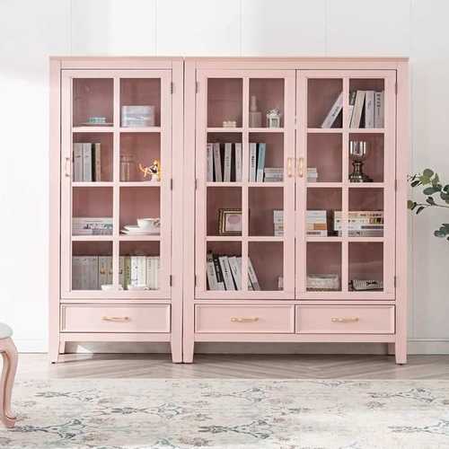 美式书柜防尘带玻璃门落地置物书架粉色储物展示柜北欧高柜实木