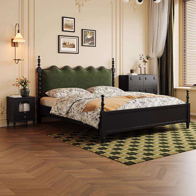 法式中古风全实木床主卧结婚床美式复古床波浪罗马柱双人床黑色