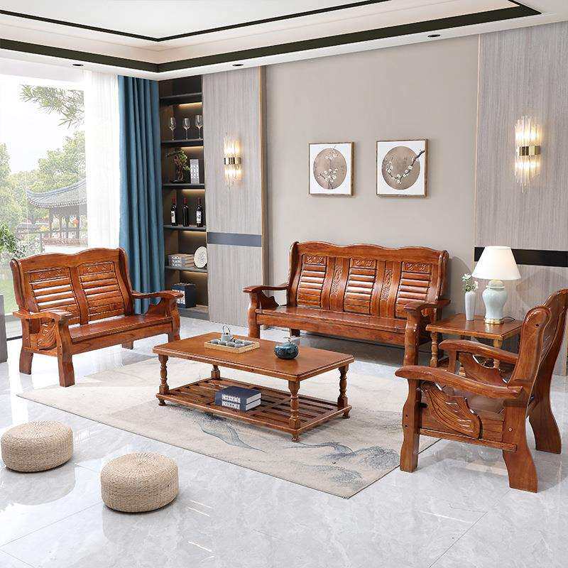 批客厅家用农村办公室三人位茶几中式木质经济型凉全实木沙发组合