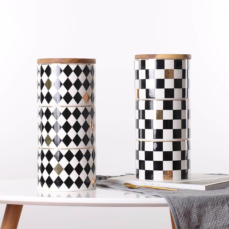 北欧现代简约几何图案收纳储物罐三层陶瓷密创意封罐软装饰品摆件