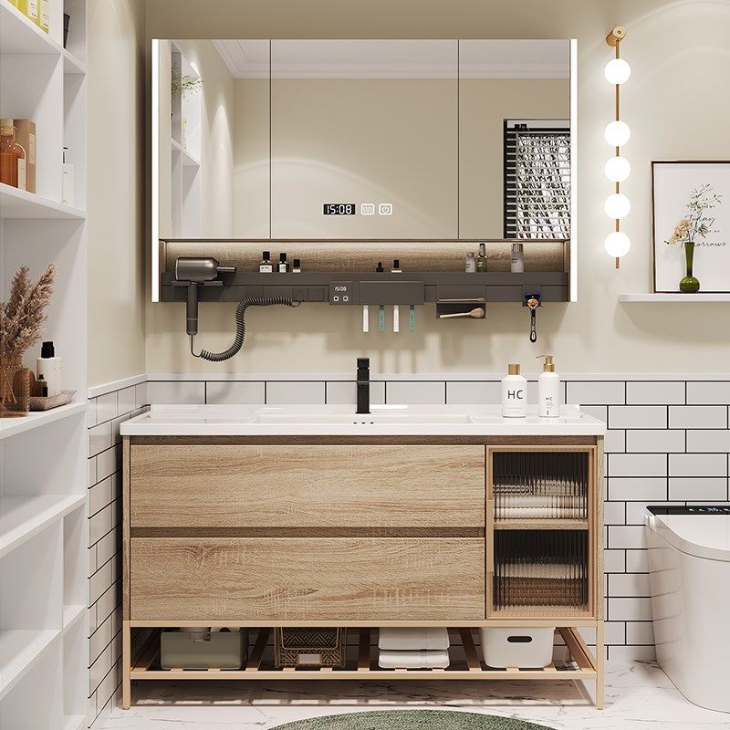 原木风陶瓷一体智能浴室柜镜柜组合卫生间落地式卫浴柜洗脸洗手盆,家装主材,浴室柜组合,淘宝优惠券,粉丝福利购,淘宝优惠卷
