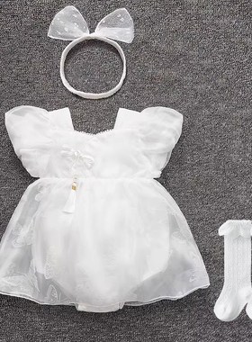 婴儿衣服夏装女宝宝泡泡袖新中式旗袍满月百天周岁礼服婚纱公主裙