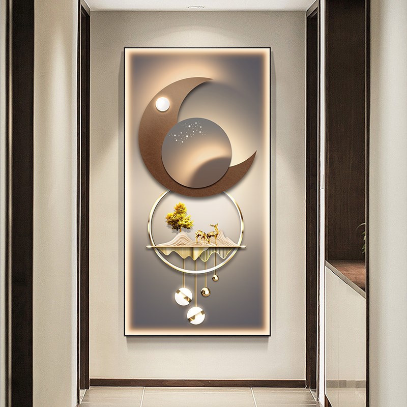 轻奢鹿中式玄关装饰画LED灯画过道壁画走廊寓意挂画现代高级感画