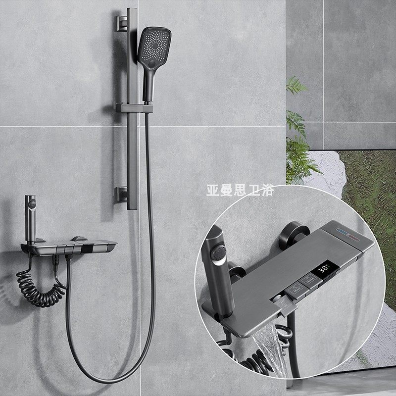 简易分体恒温数显淋浴花洒套装家用钢琴按键全铜沐浴喷头枪灰色白,家装主材,恒温花洒套装,淘宝优惠券,粉丝福利购,淘宝优惠卷