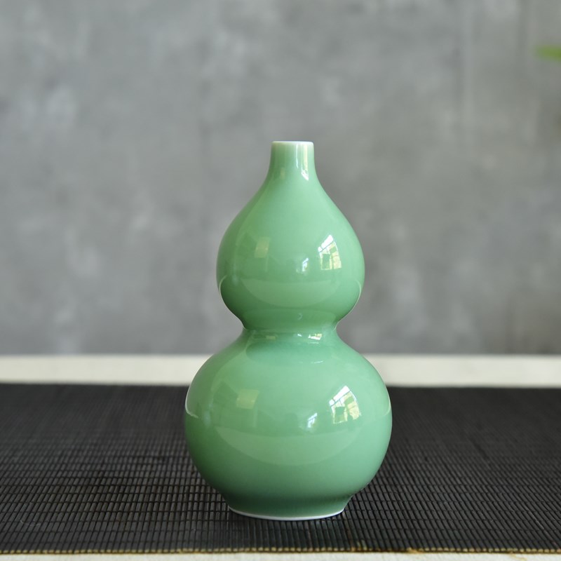 手工陶瓷小号葫芦瓶龙泉青瓷玄关博古架装饰摆件中V式禅意酒瓶花