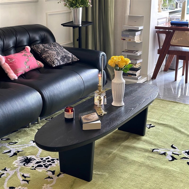 北欧实木茶几客厅家用小户型现代简约异椭圆N形侘寂风黑色桌子名