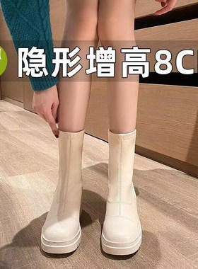 32-43大码秋冬新款内增高女软皮短靴单靴H显瘦32-33小码白色马丁