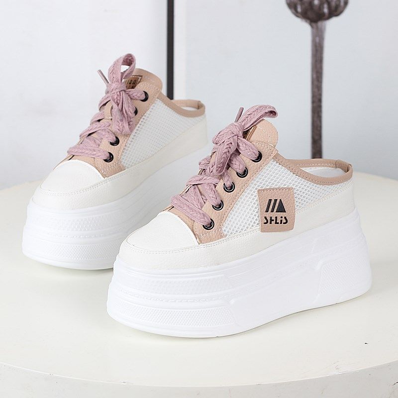 包头网面透气无后跟拖鞋夏季新款厚底内增高12CM系带外穿女半拖鞋,女鞋,包头拖,淘宝优惠券,粉丝福利购,淘宝优惠卷