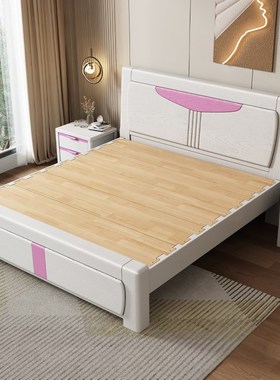 全实木静音榫卯结构满铺床板现代简约白色压纹主卧2米气压储物床