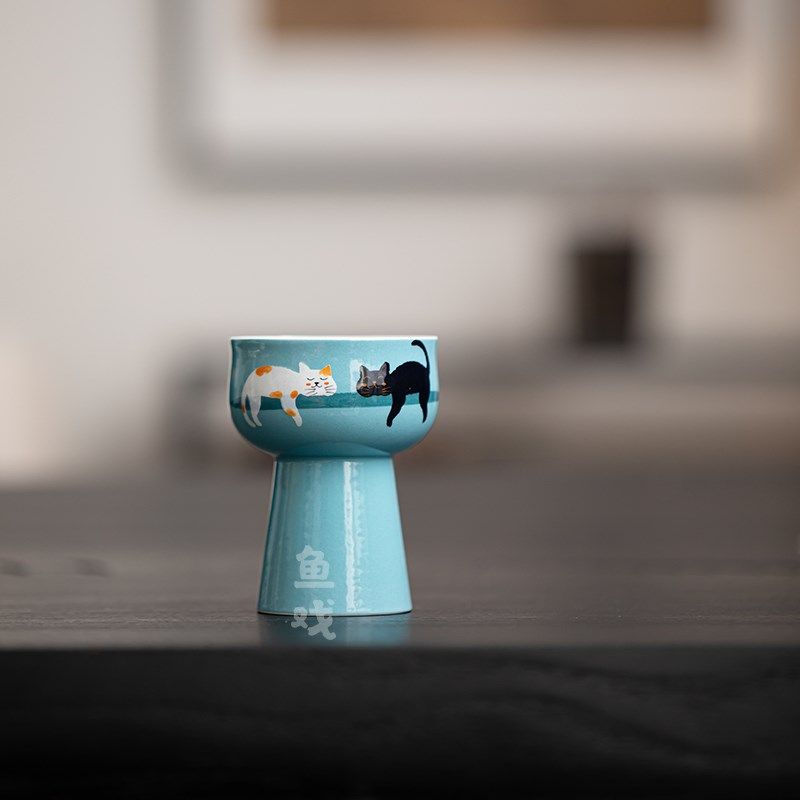 鱼戏手绘猫咪陶瓷高足茶杯女士专用主人杯家用品茗杯单杯闻香杯子,餐饮具,茶杯,淘宝优惠券,粉丝福利购,淘宝优惠卷