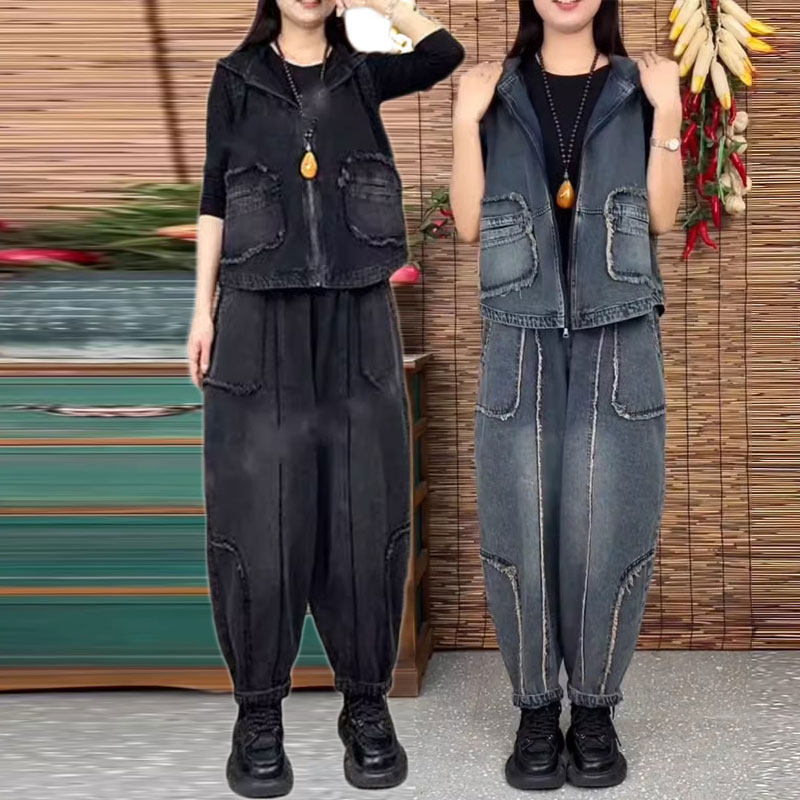 欧货2024春季时尚牛仔套装女士做旧无袖马甲宽松大码九分裤两件套,女装/女士精品,时尚套装,淘宝优惠券,粉丝福利购,淘宝优惠卷