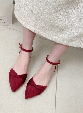红色包头凉鞋女2024新款百搭尖B头粗跟高跟鞋一字带中跟包鞋夏季