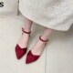 女2024新款 百搭尖B头粗跟高跟鞋 一字带中跟包鞋 红色包头凉鞋 夏季