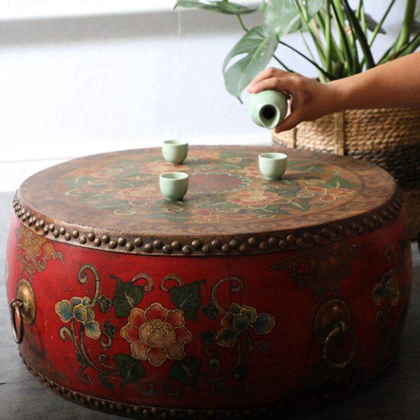【大宅门出品】鼓墩新中式彩绘牛皮飘窗花盆鼓茶几鼓圆茶台桌台鼓