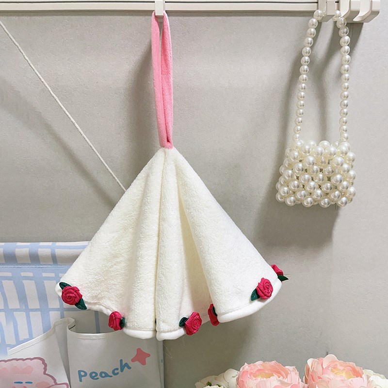 玫瑰花擦手巾挂式珊瑚o绒速干吸水不掉毛毛巾厨房卫生间手帕不发