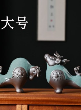 陶瓷牛摆件一对招财牛气冲天客厅A玄关桌面博古架装饰品生肖牛摆