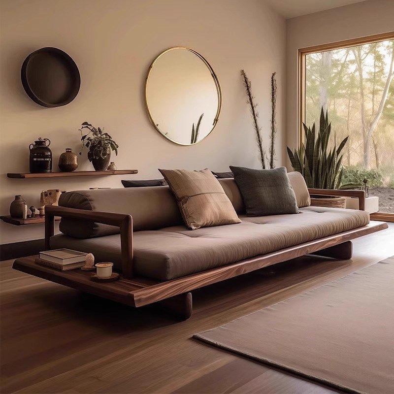 宋氏美学直排实木l沙发北美黑胡桃木罗汉床日式侘寂风布艺沙发定