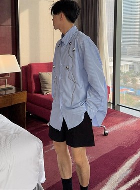 大富2025新款手工缝制立体链条珠花长袖衬衫男宽松蓝色条纹衬衣潮