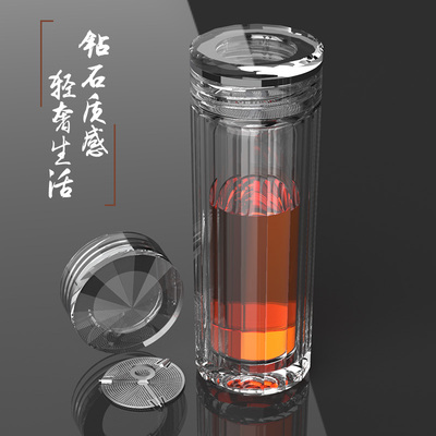 16棱边商务双层玻璃杯女男士办公室透明免费定制茶杯个人