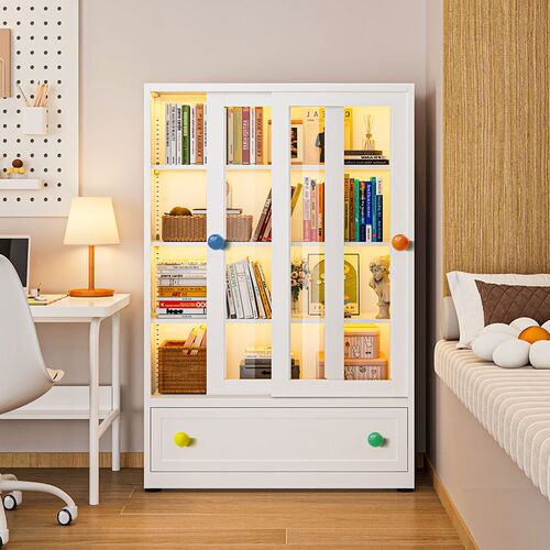儿童防尘书柜钢制书架落地置物架收纳柜家用移门玻璃门展示储物柜