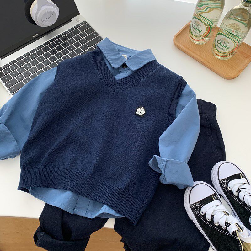 男童学院风e套装春秋款2024新款小学生马甲衬衫校服三件套儿童班