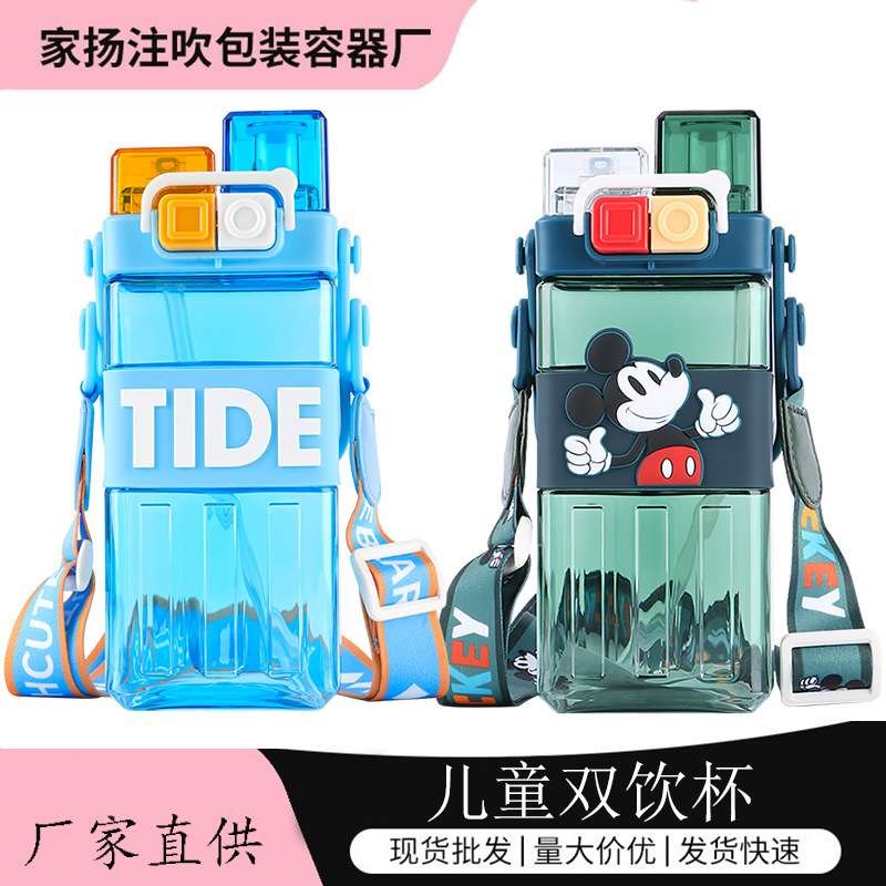 网红双饮儿童f水杯方形背带幼儿园吸管杯夏季上学用直饮塑料杯