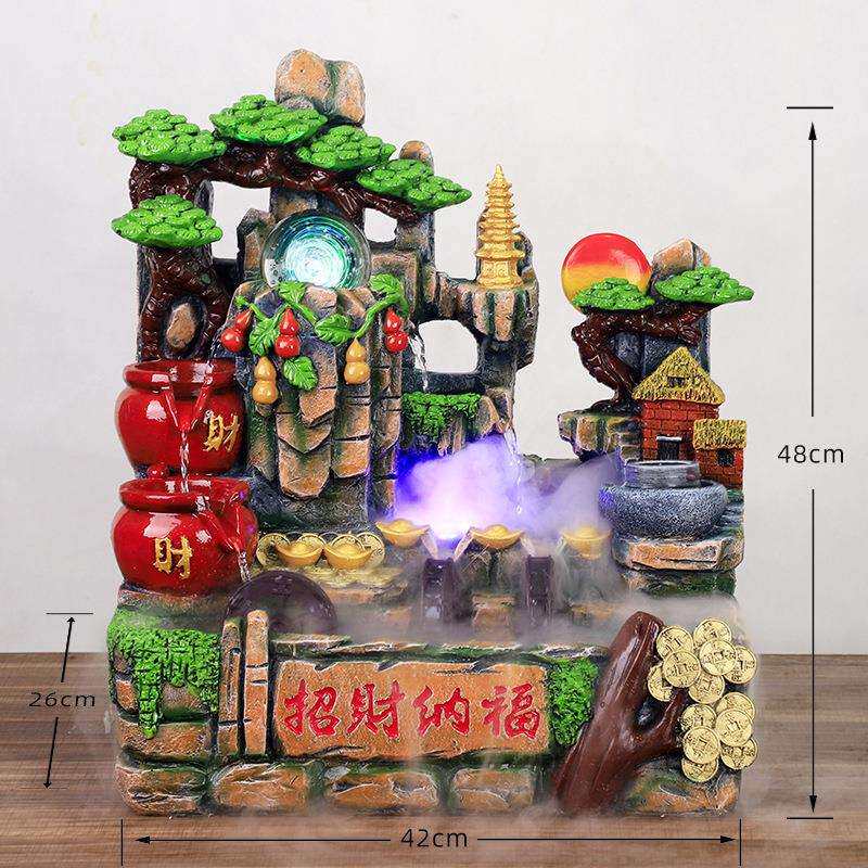 大号玄关三个水车高山流水五福铜钱灯圈加湿器摆件假山桌面