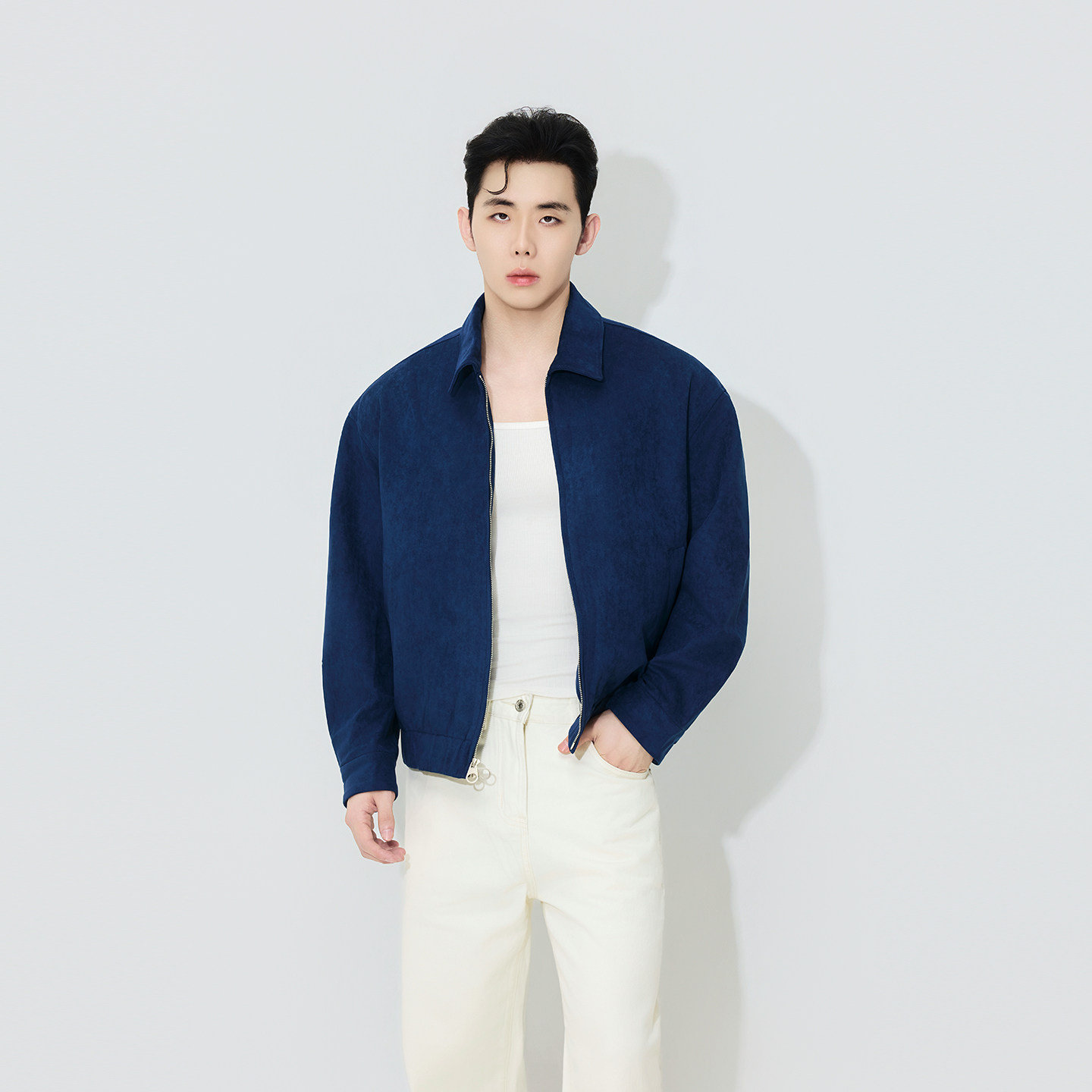 thumbnail for SEE FOR [Minimalist Style Valley Blue] Suede Harrington Jacket Men's Short Loose Lapel Jacket for Autumn and Winter