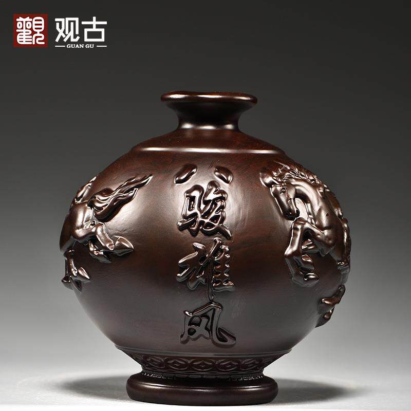 黑檀木雕八骏雄风花瓶摆件马到成功客厅插花装饰家居实木质工艺品
