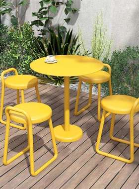 现代室外奶茶店桌椅组合户外防水防晒一桌四椅露天阳台休闲小圆桌