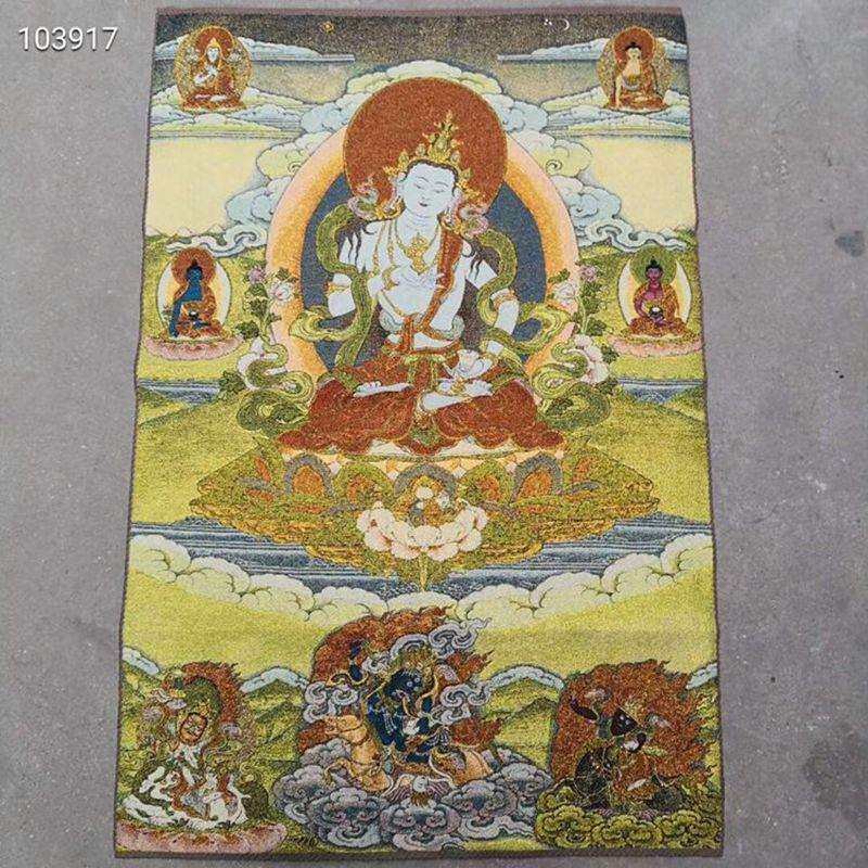 织锦画丝绸精致刺绣画 藏佛唐卡唐喀白度母佛装饰画古玩收藏品