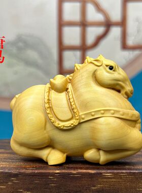 黄杨木雕生肖唐马上有钱手把件