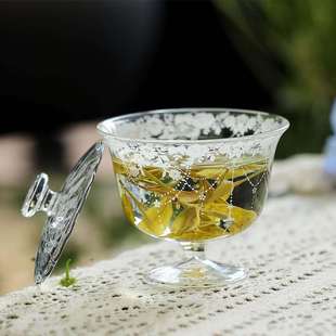 宜室茶话小清新玻璃高足盖碗茶杯单个透明玻璃茶具轻奢家用泡茶碗
